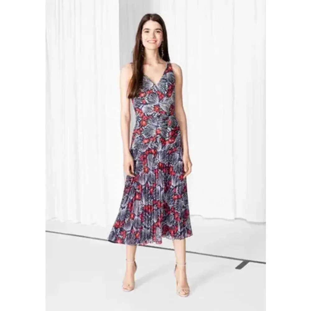 & Other Stories Navy and Scarlet Floral Midi Dress